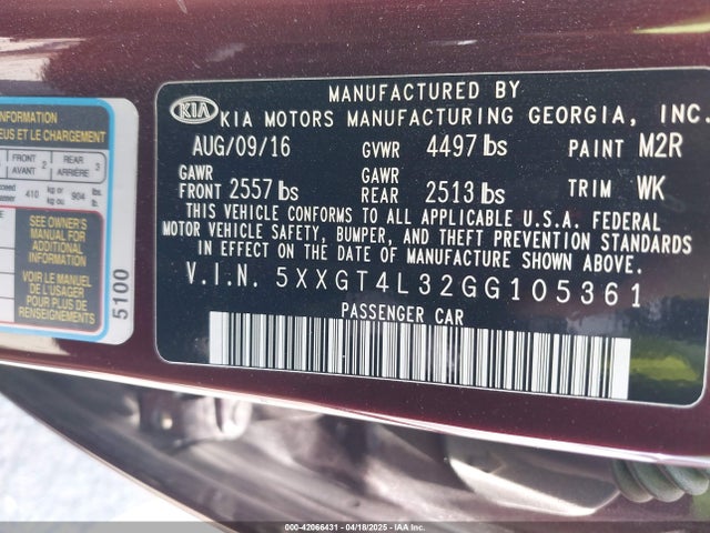 5XXGT4L32GG105361 KIA Optima Lx