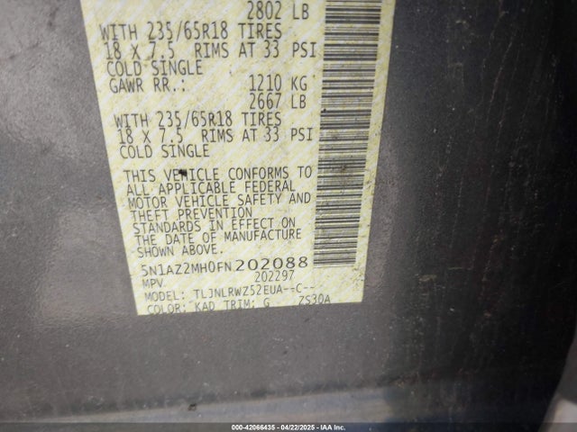 5N1AZ2MH0FN202088 Nissan MURANO SL