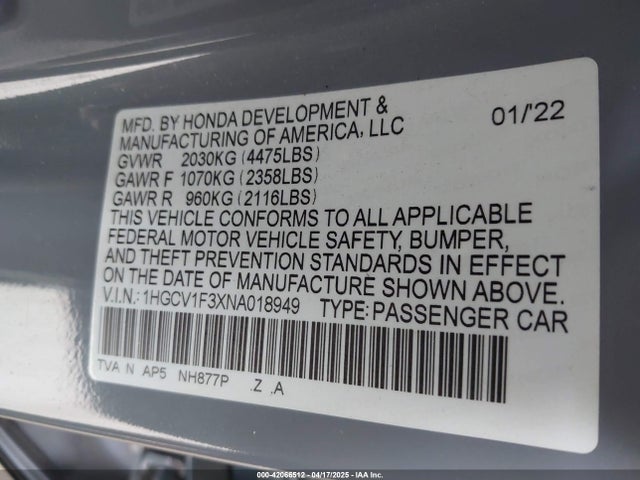 1HGCV1F3XNA018949 Honda Accord Sport