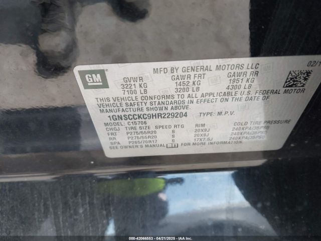 1GNSCCKC9HR229204 Chevrolet Tahoe Premier