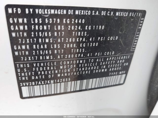 3VV2B7AX7KM142659 Volkswagen Tiguan 2.0t Se/2.0t Sel/2.0t Sel R-line/2.0t Sel R-line Black