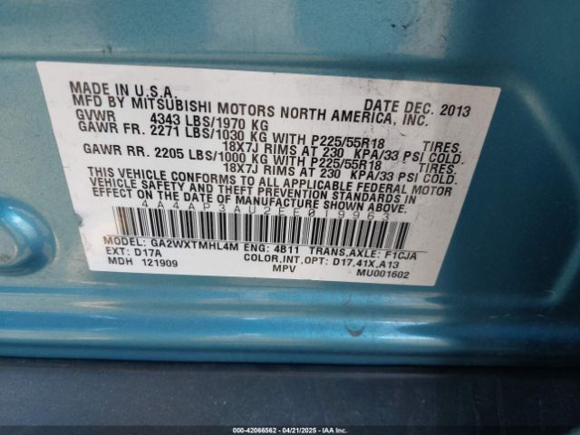 4A4AP3AU2EE019963 Mitsubishi Outlander Sport Es
