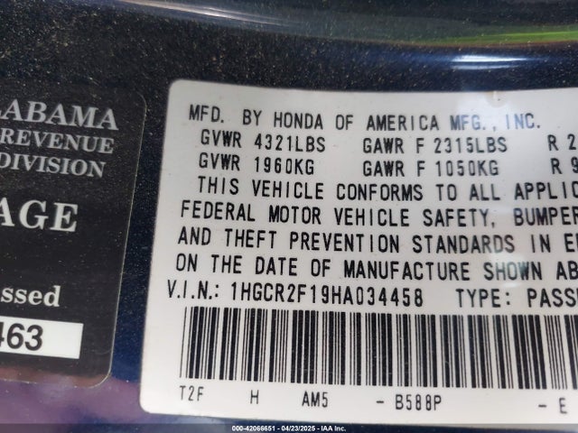Honda k24w1 2017 1HGCR2F19HA034458 Image 9