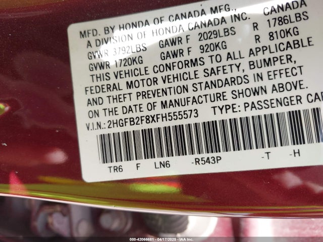 2HGFB2F8XFH555573 Honda r18z1