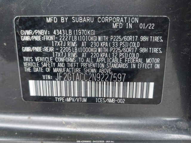 JF2GTACC2N9227597 Subaru Crosstrek Premium