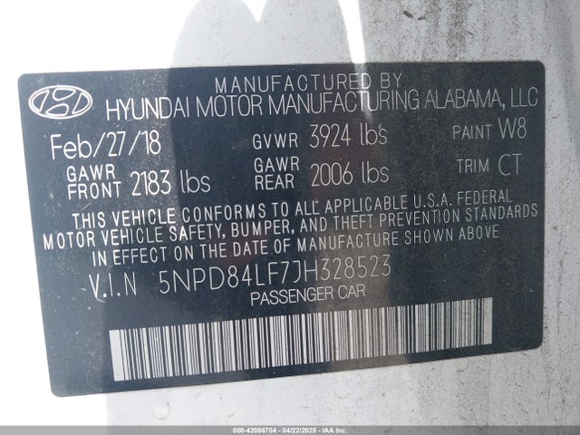 5NPD84LF7JH328523 Hyundai ELANTRA SEL