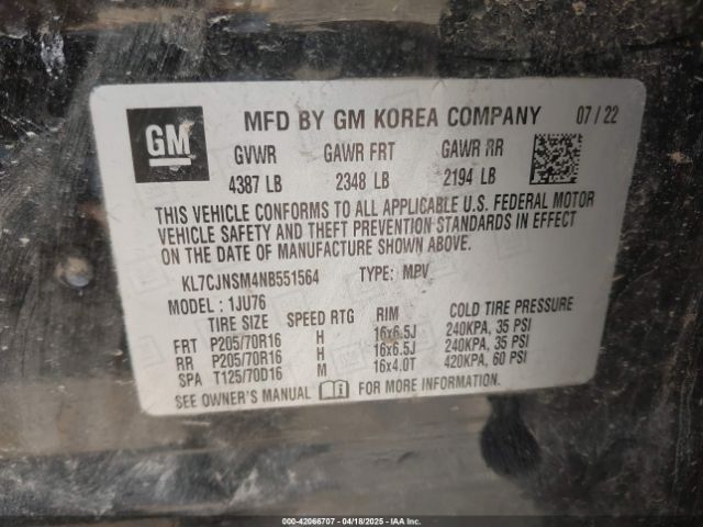 KL7CJNSM4NB551564 Chevrolet Trax Awd Ls