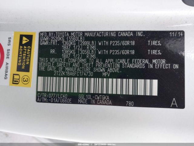 2T2ZK1BA6FC174730 Lexus RX 350