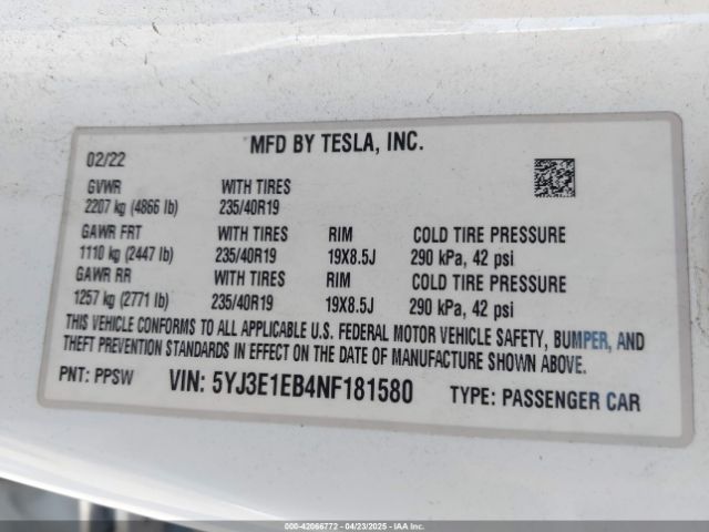 5YJ3E1EB4NF181580 Tesla Model 3 Long Range Dual Motor All-wheel Drive
