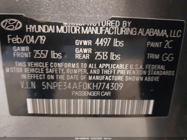 5NPE34AF0KH774309 Hyundai SONATA SEL