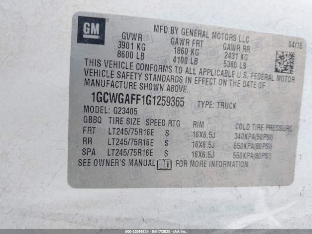 1GCWGAFF1G1259365 Chevrolet Express 2500 Work Van