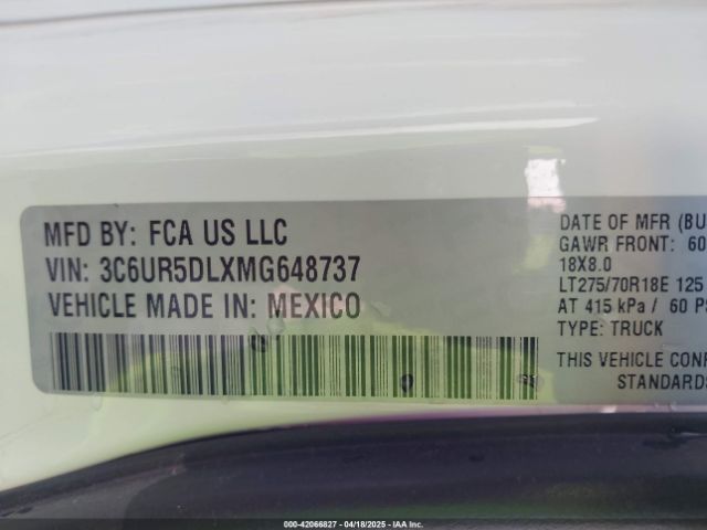 3C6UR5DLXMG648737 RAM 2500 Big Horn  4x4 6'4 Box