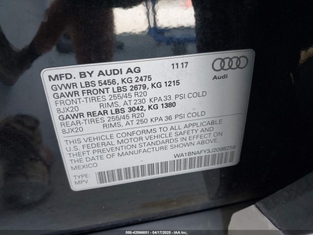 WA1BNAFY3J2098258 Audi Q5 2.0t Premium/2.0t Tech Premium