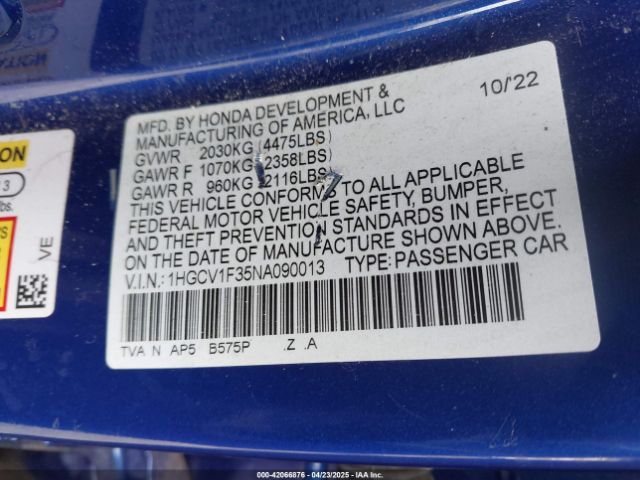 1HGCV1F35NA090013 Honda Accord Sport