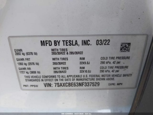 7SAXCBE63NF337529 Tesla Model X Plaid Tri Motor All-wheel Drive