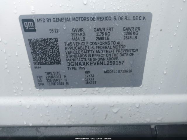 3GNAXKEV8NL259157 Chevrolet Equinox Fwd Lt