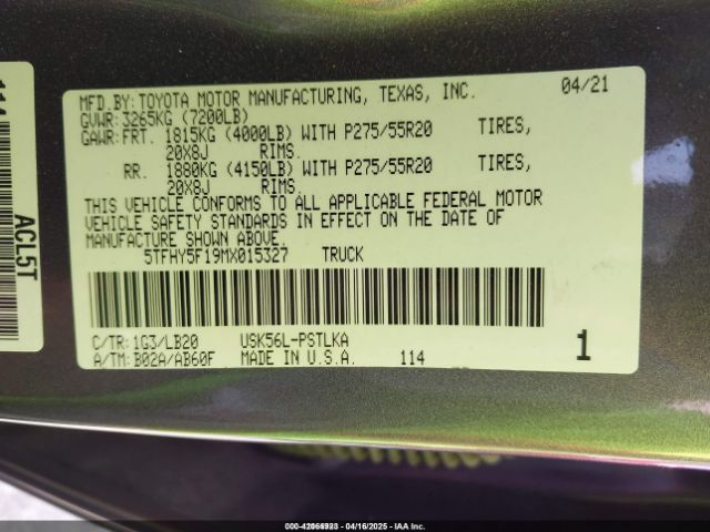 5TFHY5F19MX015327 Toyota Tundra Limited