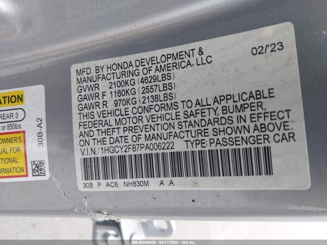 1HGCY2F87PA006222 Honda Accord Hybrid Touring