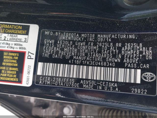 4T1BF1FK3EU468340 Toyota CAMRY SE