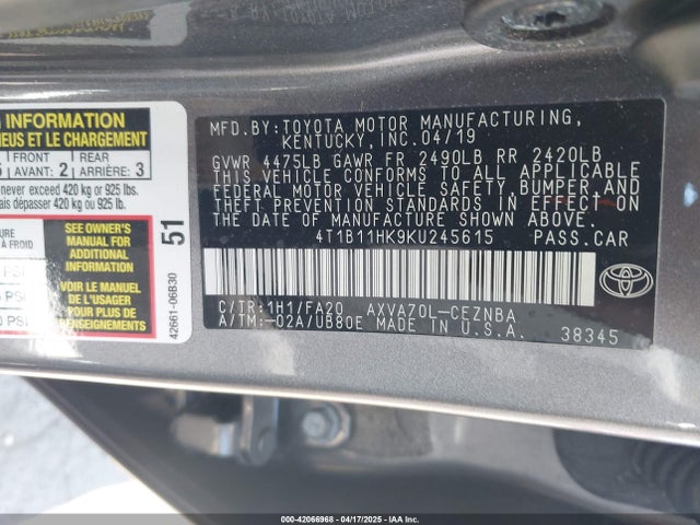 4T1B11HK9KU245615 Toyota CAMRY LE