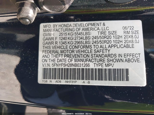 2022 HONDA PILOT 5FNYF5H28NB031266 Photo 8