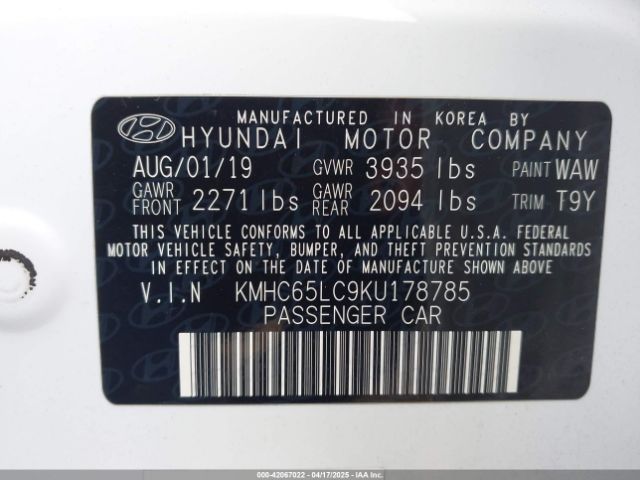 KMHC65LC9KU178785 Hyundai Ioniq Hybrid Blue
