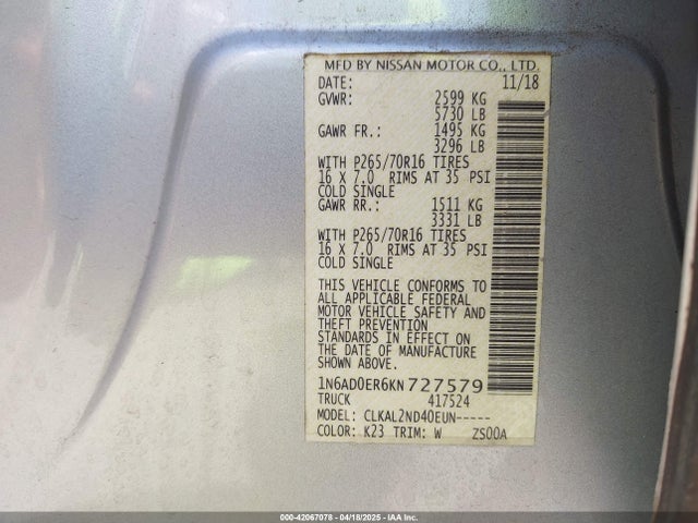 1N6AD0ER6KN727579 Nissan Frontier Sv