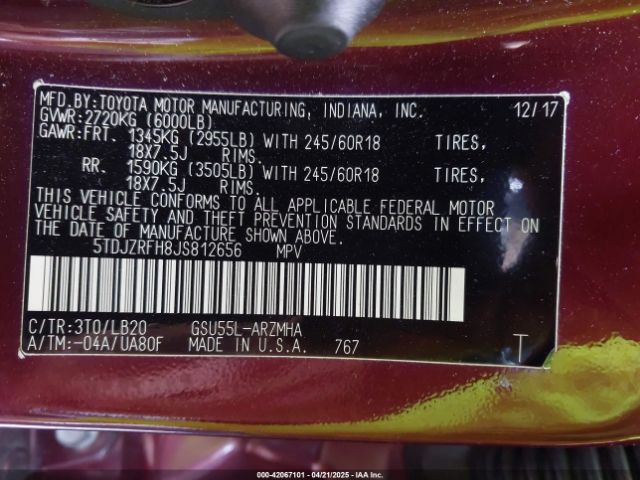 5TDJZRFH8JS812656 Toyota Highlander Xle