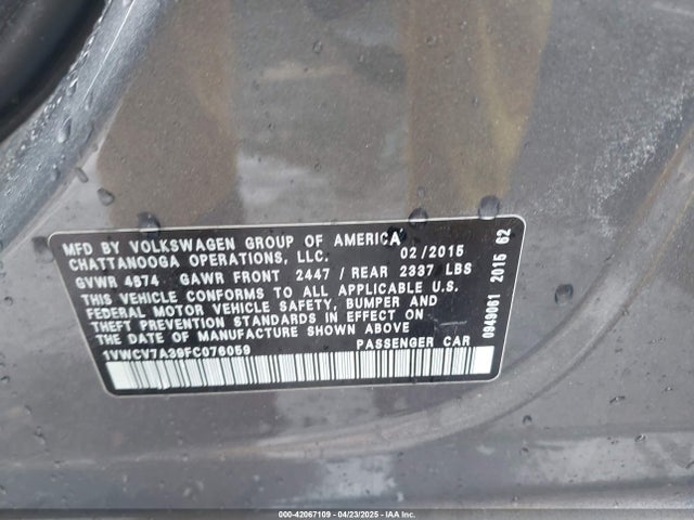 1VWCV7A39FC076059 Volkswagen Passat 2.0l Tdi Sel Premium