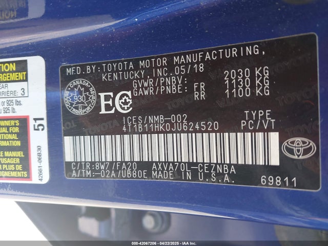 4T1B11HK0JU624520 Toyota CAMRY LE