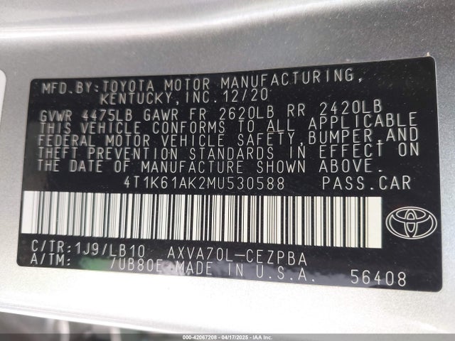 4T1K61AK2MU530588 Toyota CAMRY XSE