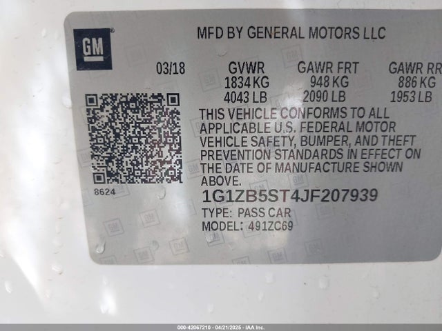 1G1ZB5ST4JF207939 Chevrolet lfv - direct injection, variable valve timing, gen 1