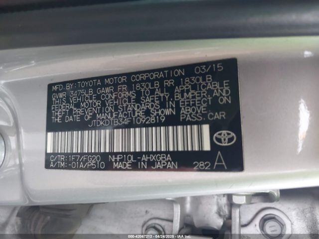 JTDKDTB34F1092819 Toyota Prius C Three