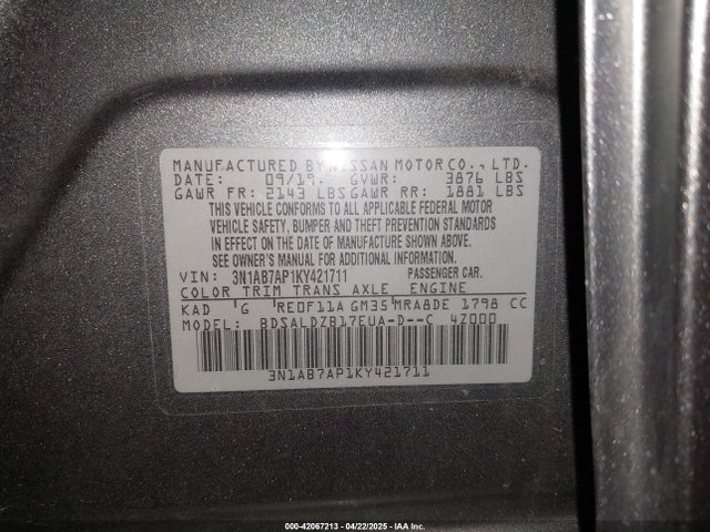 3N1AB7AP1KY421711 Nissan SENTRA SV