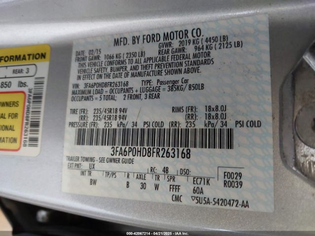 3FA6P0HD8FR263168 Ford FUSION SE