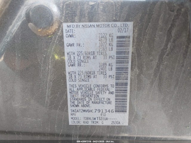 5N1AT2MV6HC791346 Nissan Rogue Sl