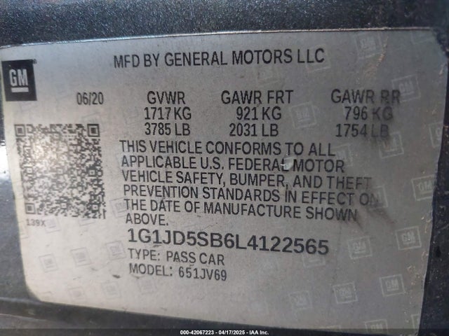 1G1JD5SB6L4122565 Chevrolet Sonic Fwd  Lt