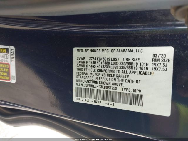 5FNRL6H93LB057755 Honda Odyssey Elite