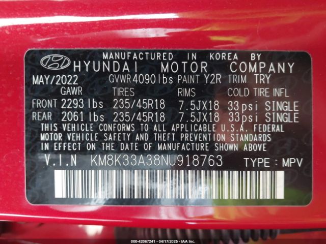 2022 HYUNDAI KONA KM8K33A38NU918763 Photo 8