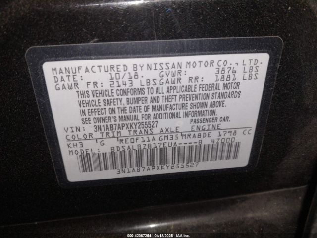 3N1AB7APXKY255527 Nissan SENTRA S