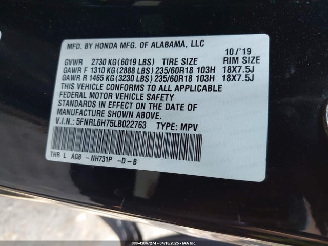 5FNRL6H75LB022763 Honda Odyssey Ex-l/ex-l W/navi   Res