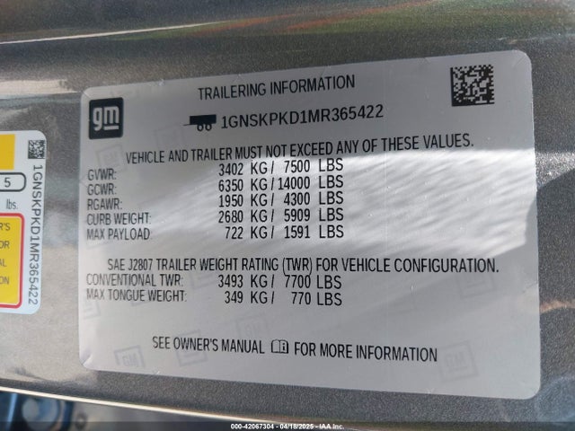 1GNSKPKD1MR365422 Chevrolet Tahoe 4wd Z71