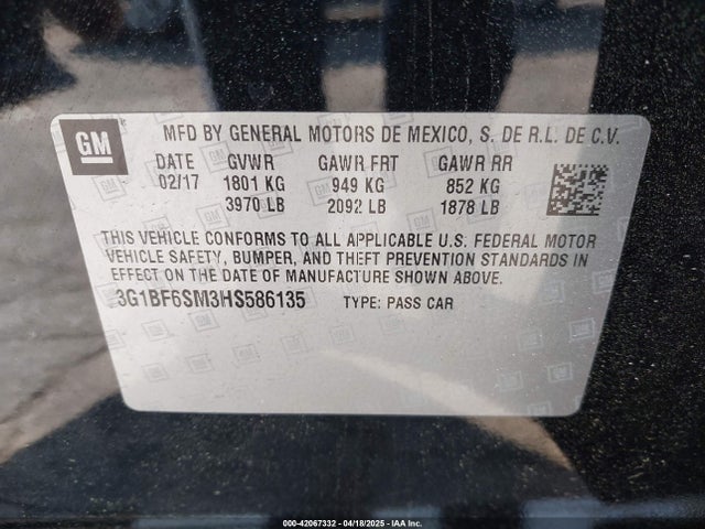 3G1BF6SM3HS586135 Chevrolet Cruze Premier Auto