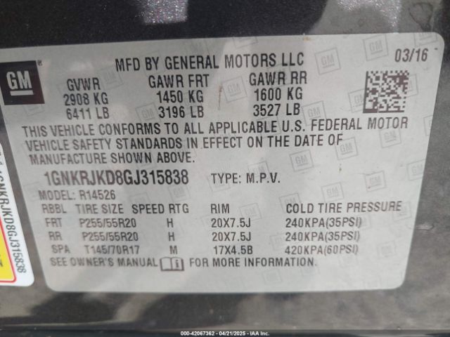 1GNKRJKD8GJ315838 Chevrolet Traverse Ltz