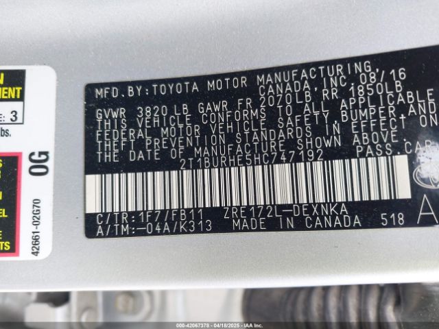 2T1BURHE5HC747192 Toyota COROLLA LE