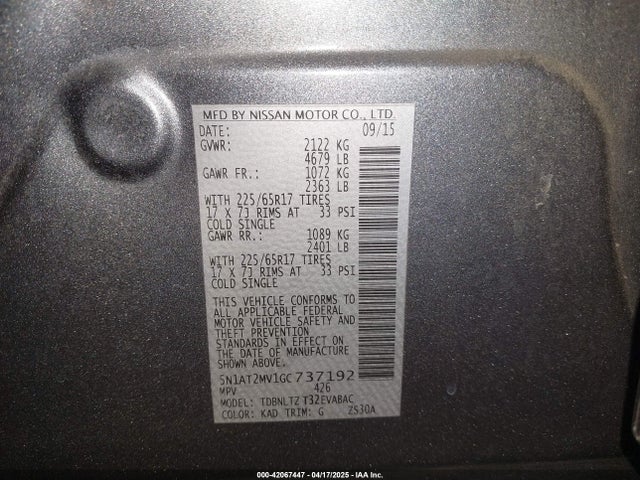 5N1AT2MV1GC737192 Nissan ROGUE SV