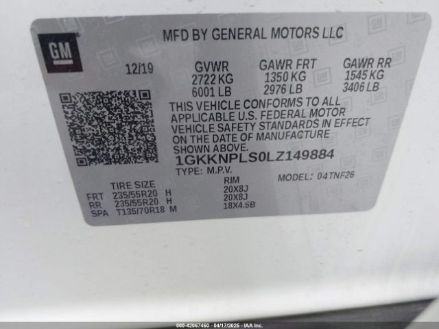 1GKKNPLS0LZ149884 GMC Acadia Fwd Denali