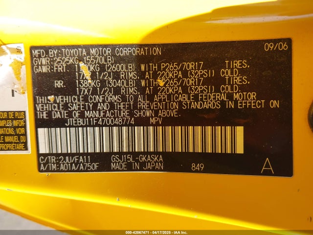 Aukcja sprzedaży 2007 Toyota Fj Cruiser, vin: JTEBU11F470048774, numer aukcji: 42067471