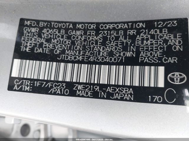 JTDBCMFE4R3040071 Toyota Corolla Hybrid Se