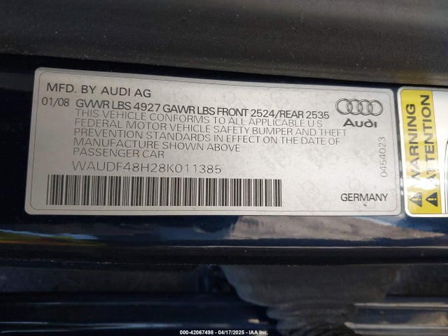 2008 AUDI A4 WAUDF48H28K011385 Photo 8